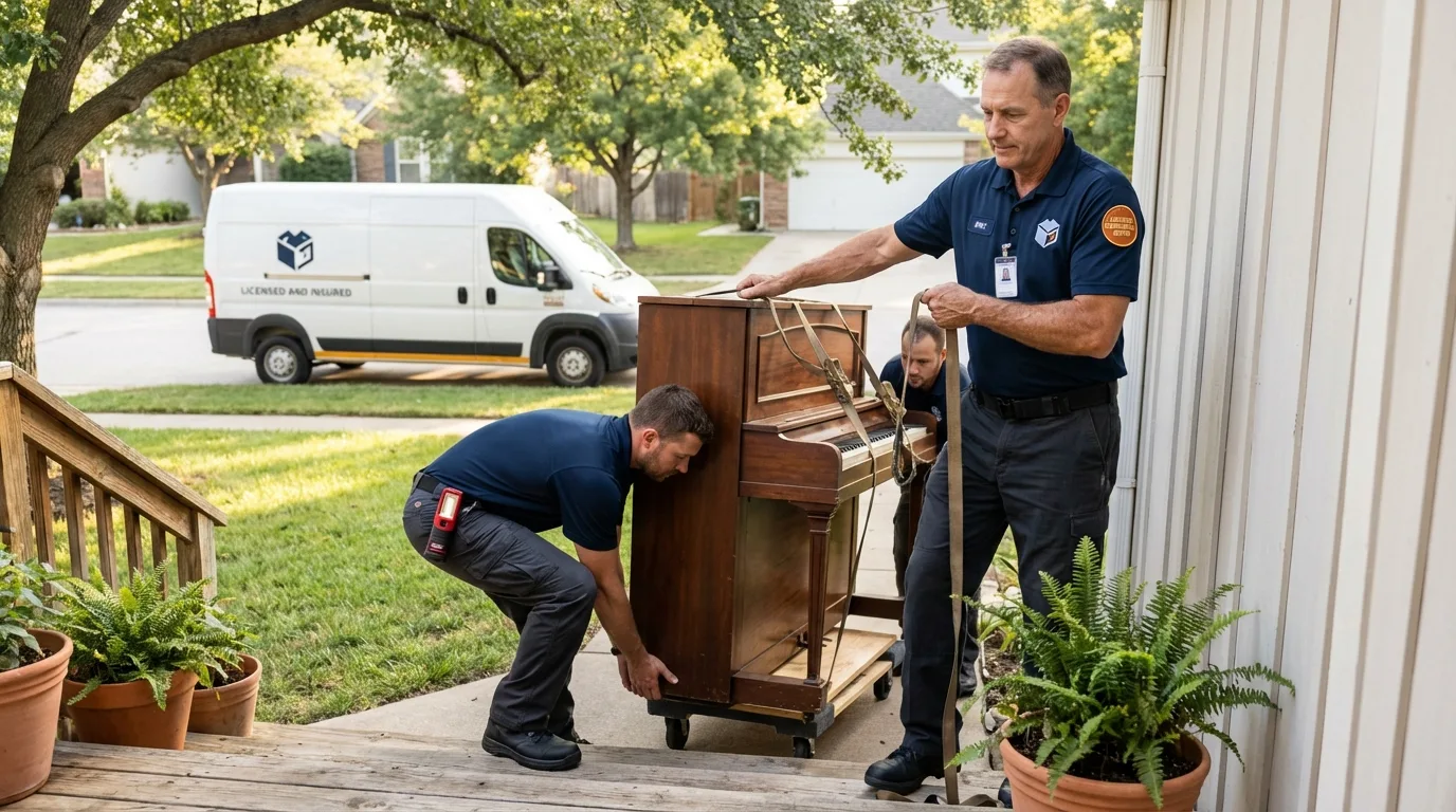 Licensed piano movers securing grand piano in Lusby, MD
