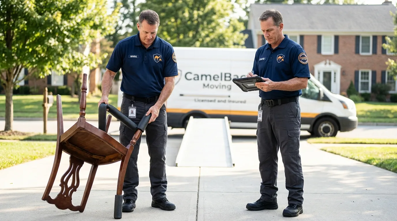 Movers inspecting furniture for damage prevention before loading in Lusby, MD